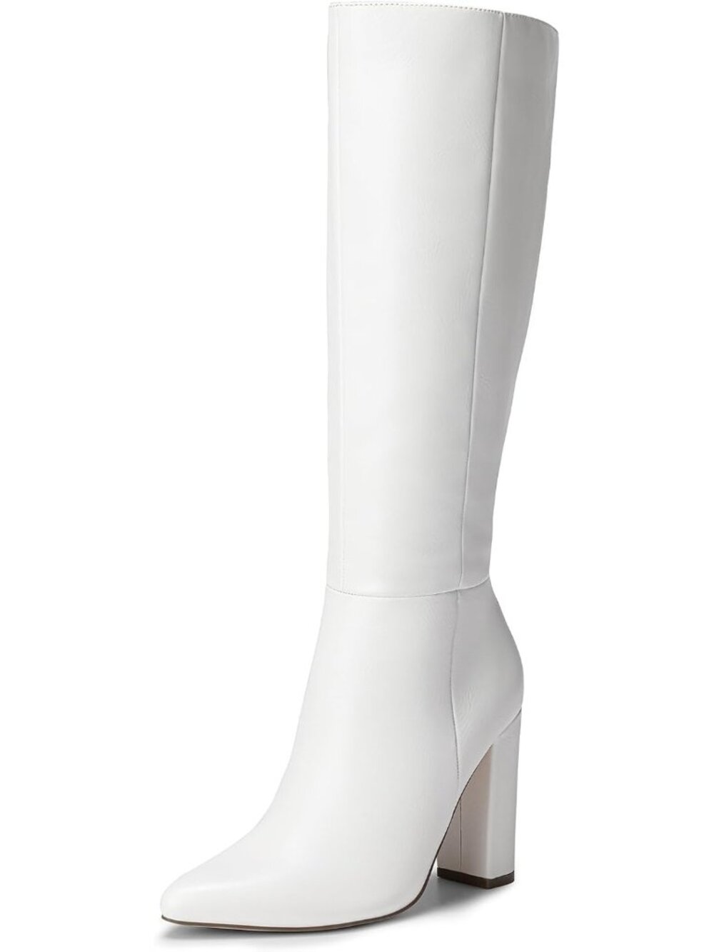 Women's White Faux Leather Chunky Heel Pointed Toe Side Zipper Knee High Boots